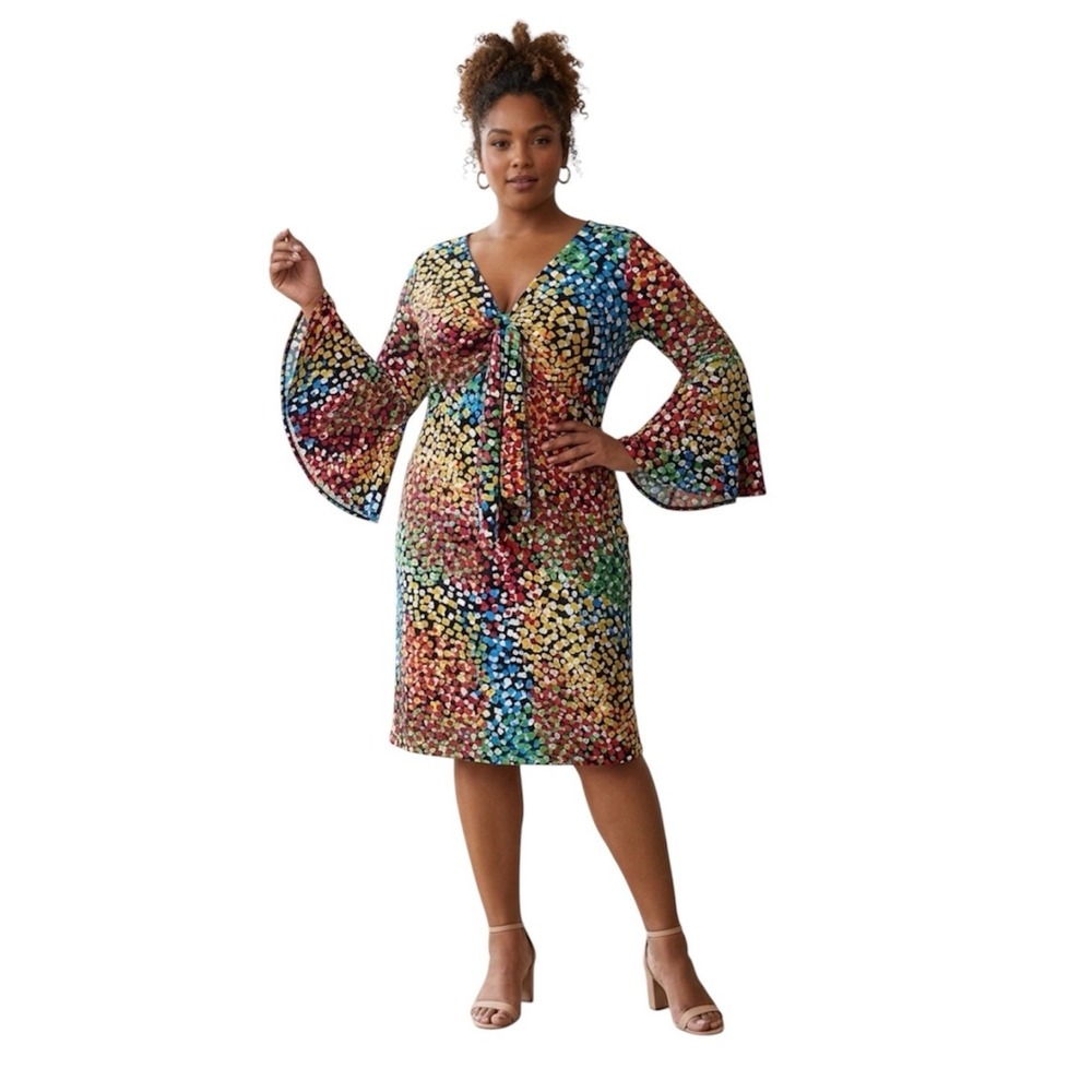 Vickey Tiel Geo Colorful Print Tie Front Dress Size 1X Bell Sleeve Rainbow